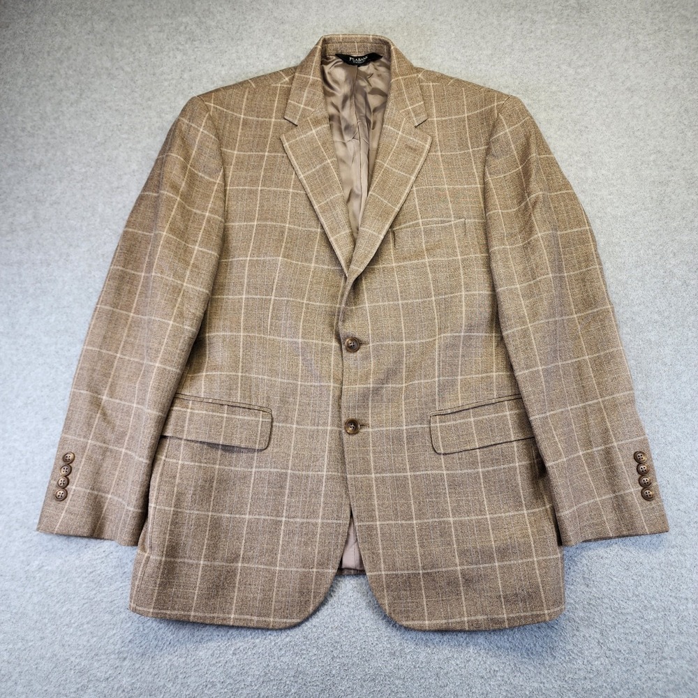 Jos A Bank Mens 43R Tailored Fit Blazer Sport Coat Suit Wool Silk Plaid Tan